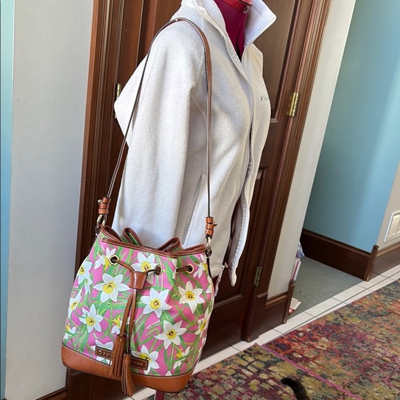Dooney & Bourke Floral bucket bag shoulder bag daylilies white yellow pink gre - Picture 3 of 16